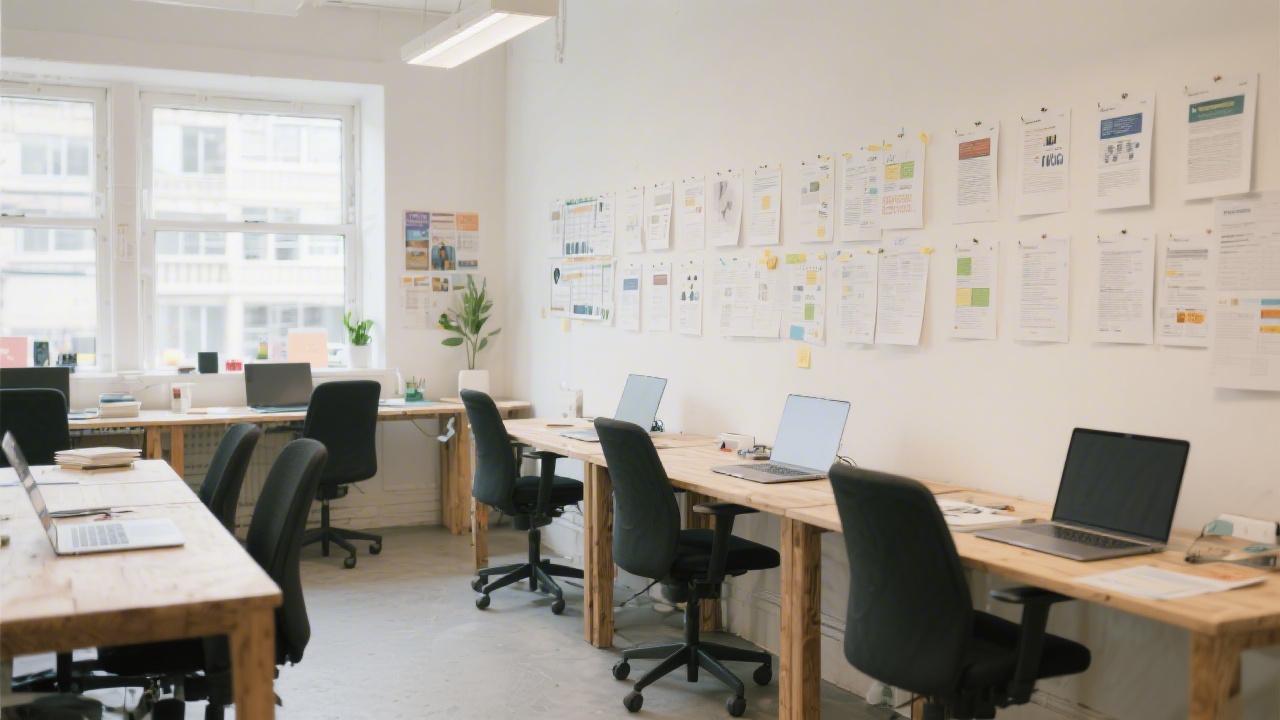 Bright Dublin studio space with desks, laptops, and printed project briefs pinned on a wall, reflecting a professional learning environment.