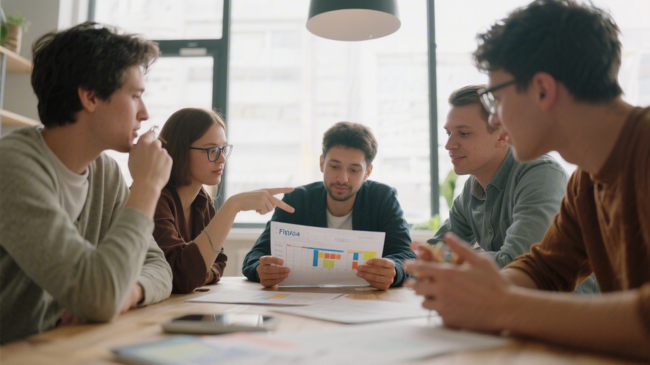 Small group of designers gathered around a table, reviewing project milestones and discussing next steps for a shared Figma file.