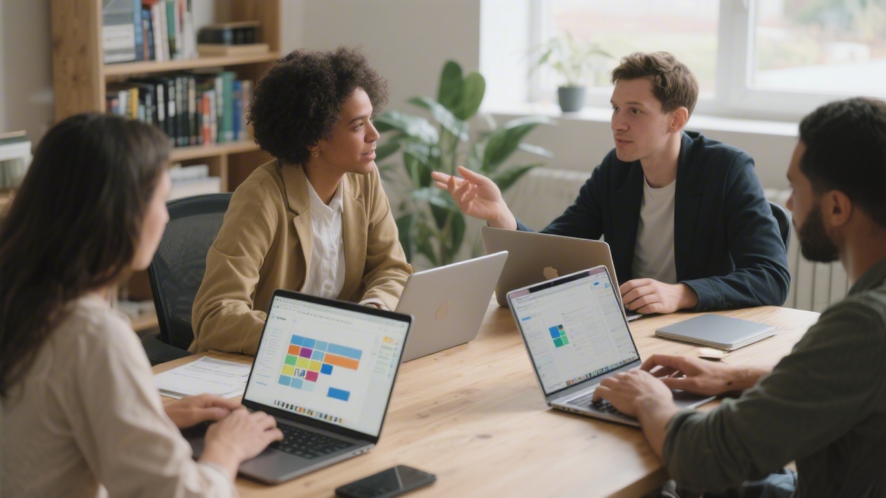 Designers working together around a table, each with laptops open to shared Figma files, discussing component usage and aligning on team libraries.