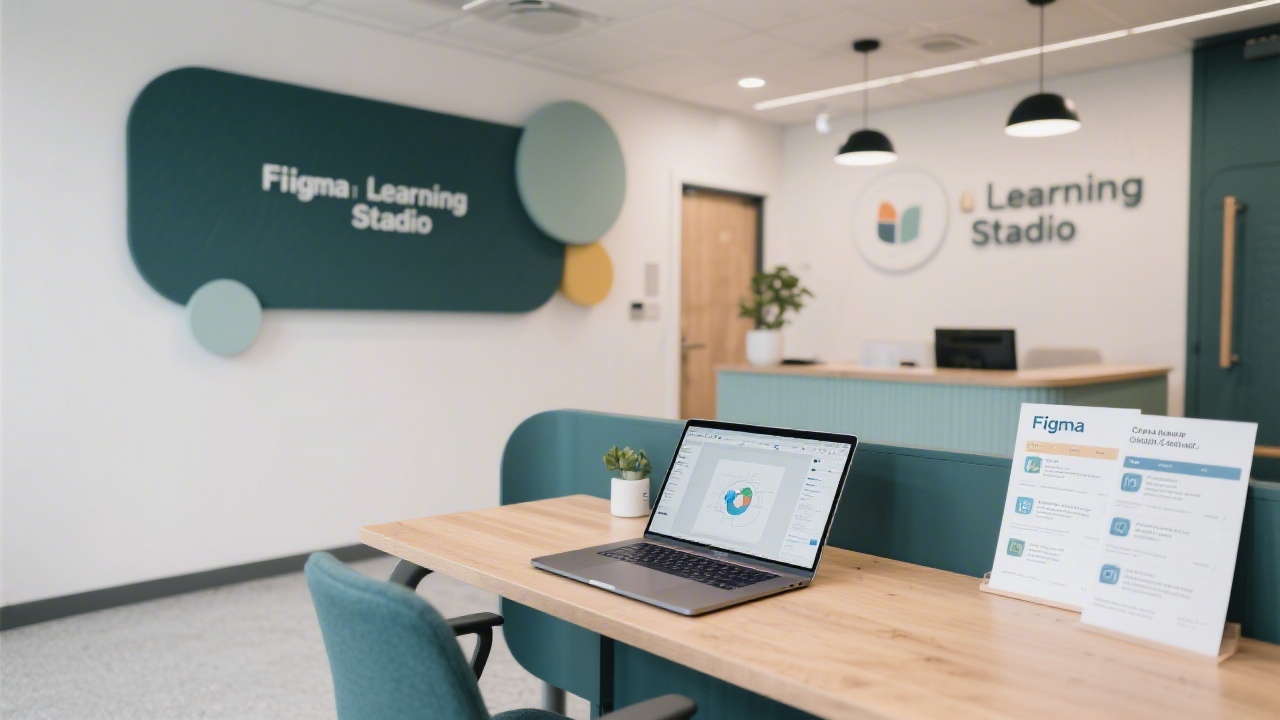 Reception area of a modern Dublin learning studio with a desk, a laptop open to a Figma project, and printed course outlines.