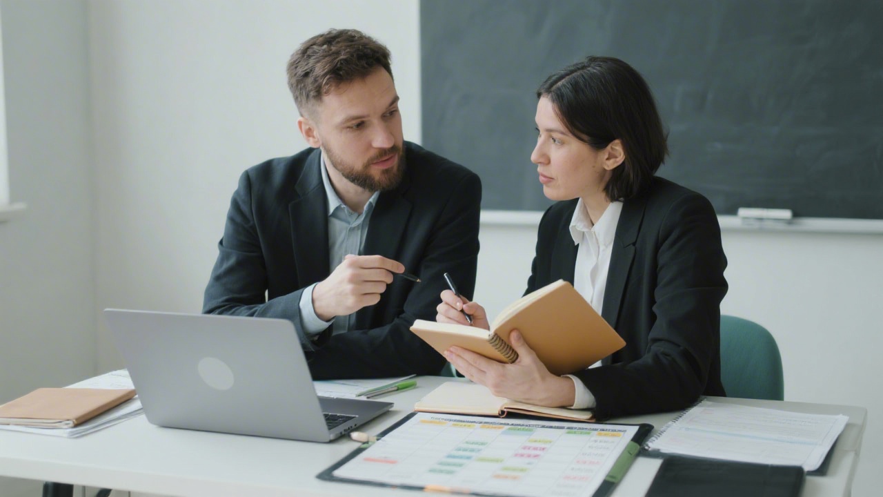 Two course coordinators discussing schedules with notebooks and a laptop, showing organized planning and attentive communication.