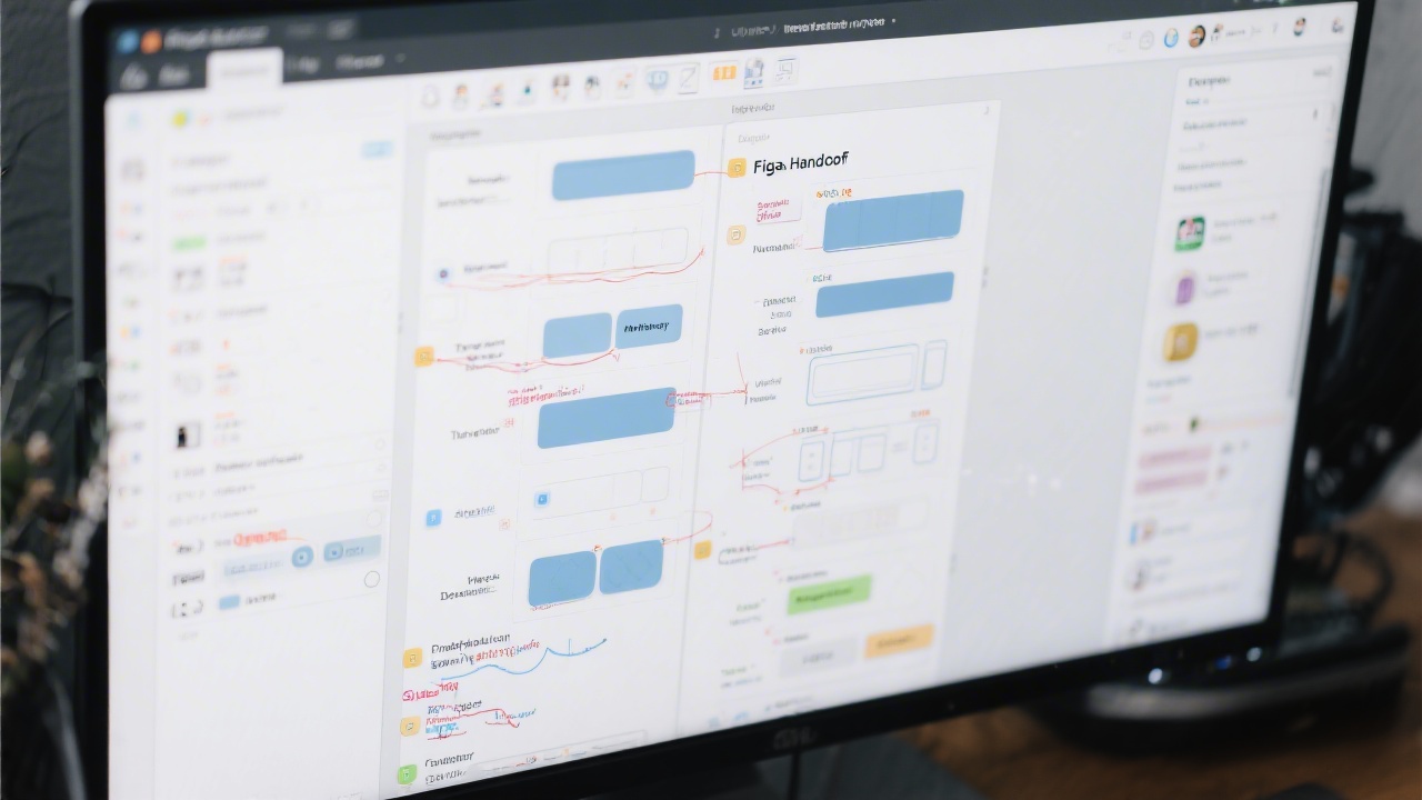 Close-up of a structured Figma handoff file with annotated components, spacing tokens, and developer notes displayed on a monitor.