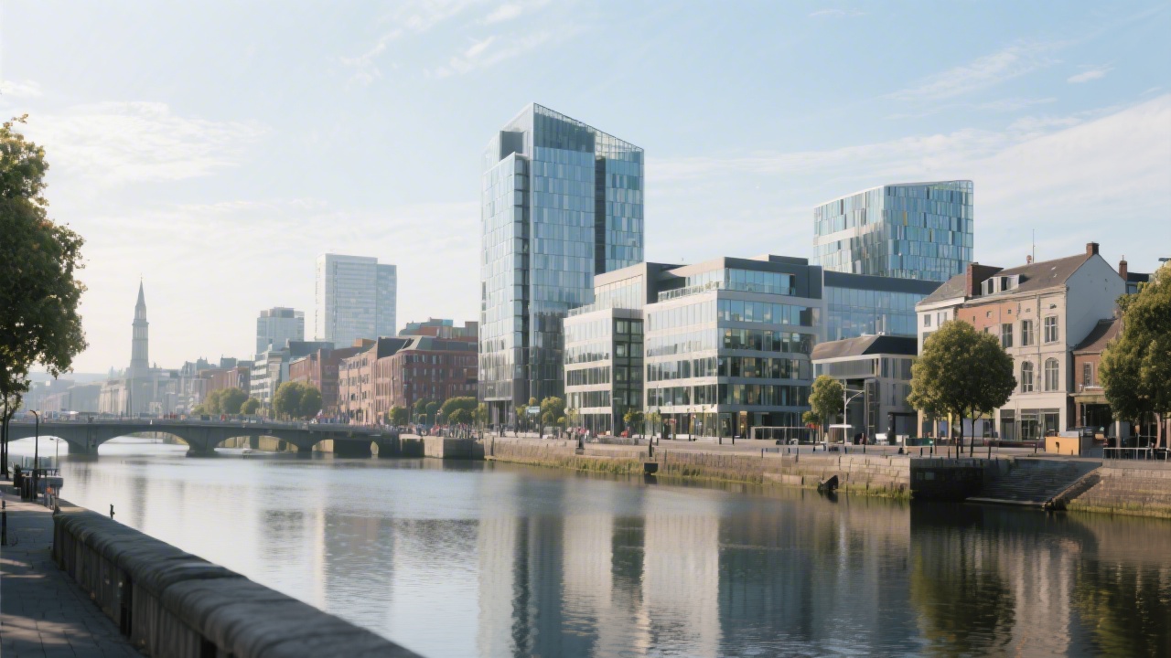 Cityscape of Dublin with modern office buildings and a calm river view, illustrating the local creative and tech environment.