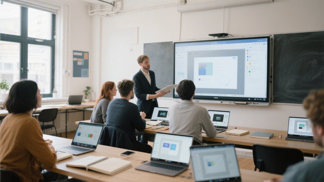 Spacious Dublin studio classroom with designers reviewing a Figma prototype on a large screen, notebooks open, and laptops showing organized design files.