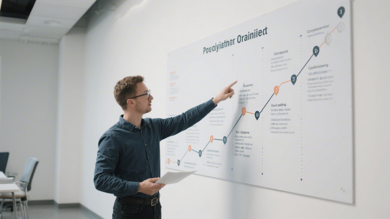 Instructor pointing at a wall-mounted project timeline with milestones and collaboration checkpoints, emphasizing a structured training path.