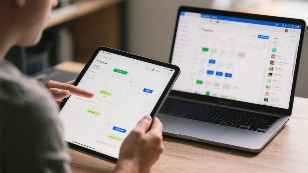 Designer reviewing a program outline on a tablet while a laptop displays a Figma file organized with components and version history.