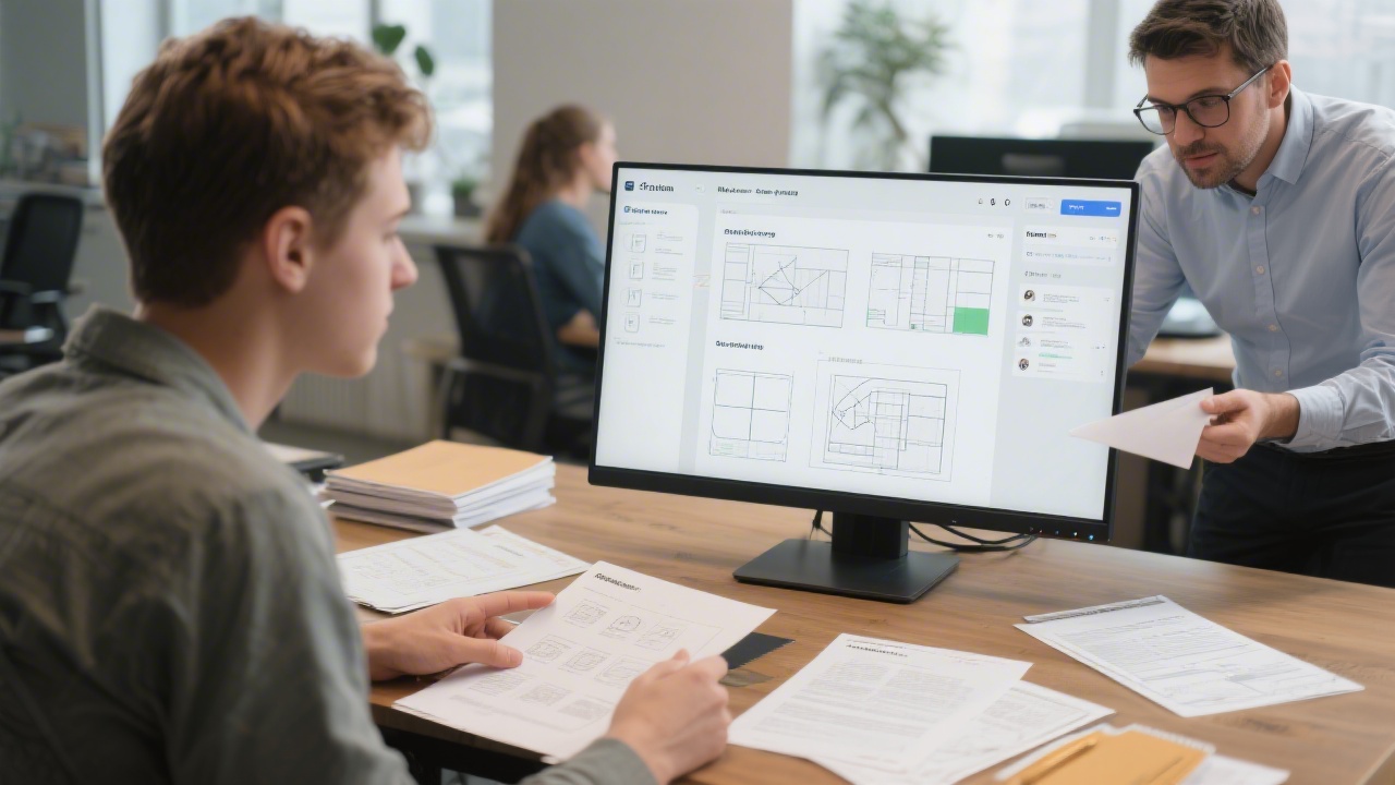 Instructor providing feedback on a student’s agency-style project with printed briefs, wireframes, and a Figma layout displayed on a monitor.