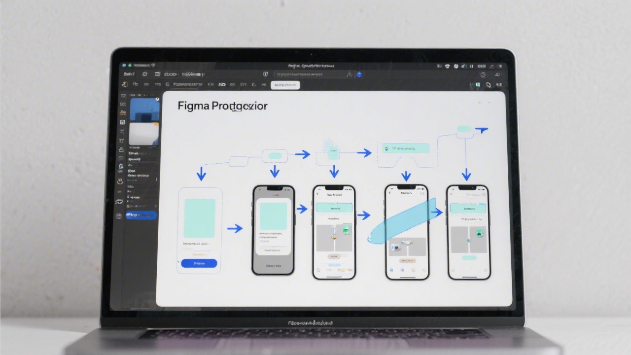 Laptop screen showing a multi-step Figma prototype with interaction arrows, overlays, and mobile frames demonstrating transitions and user flows.