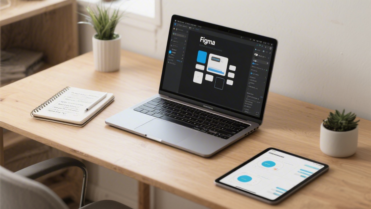 Desk setup with a laptop showing Figma components, a notebook with workflow notes, and a tablet displaying a prototype overview.