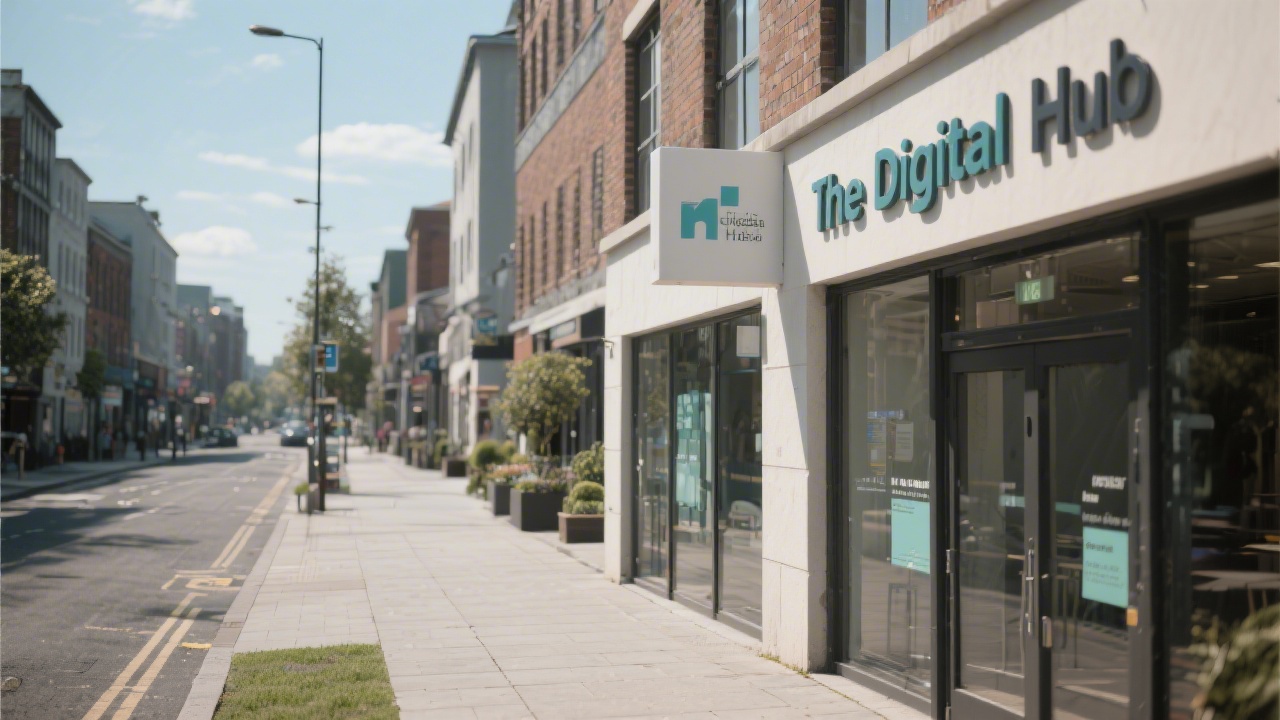Street-level view near The Digital Hub in Dublin with signage and a quiet walkway, representing a professional learning destination.