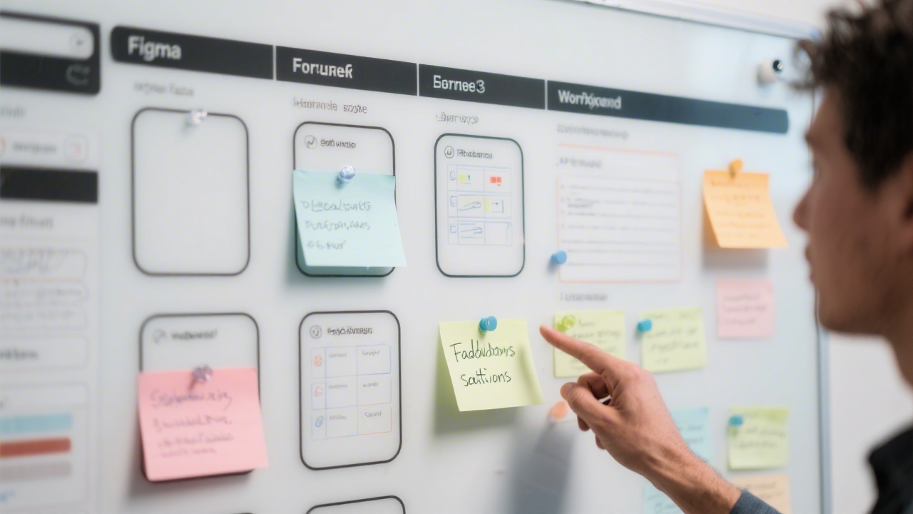 Close-up of a collaborative workflow board featuring Figma frames, task notes, and a team member highlighting feedback sessions on a whiteboard.